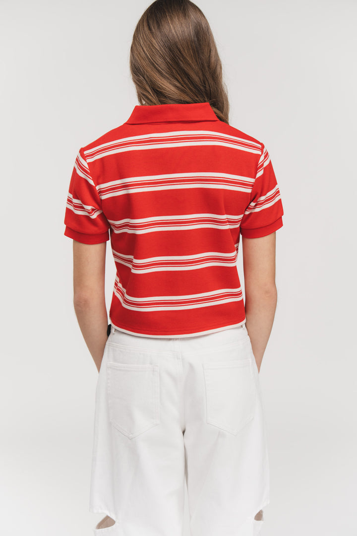 Cropped Knit Poloshirt, Halbkörper Rückenansicht, kurze Cropped-Länge, rot-weiß gestreifter Strick