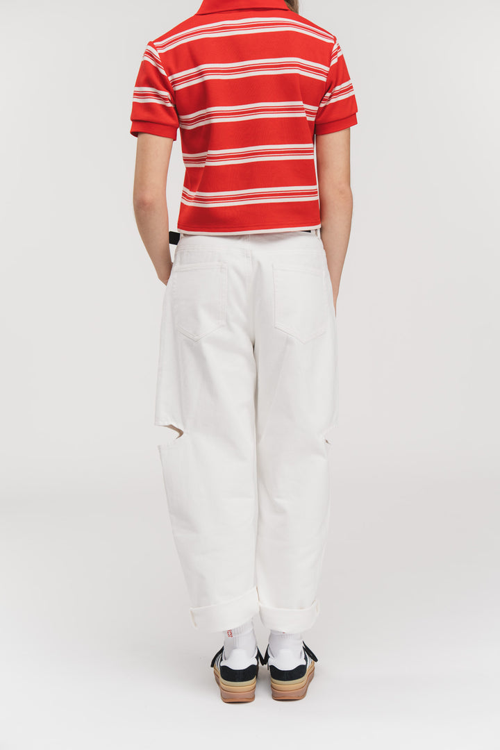 Denim Pants Cut Out Offwhite, Halbkörper Rückenansicht, offwhite Denim, Weblabel hinten, gerader Schnitt