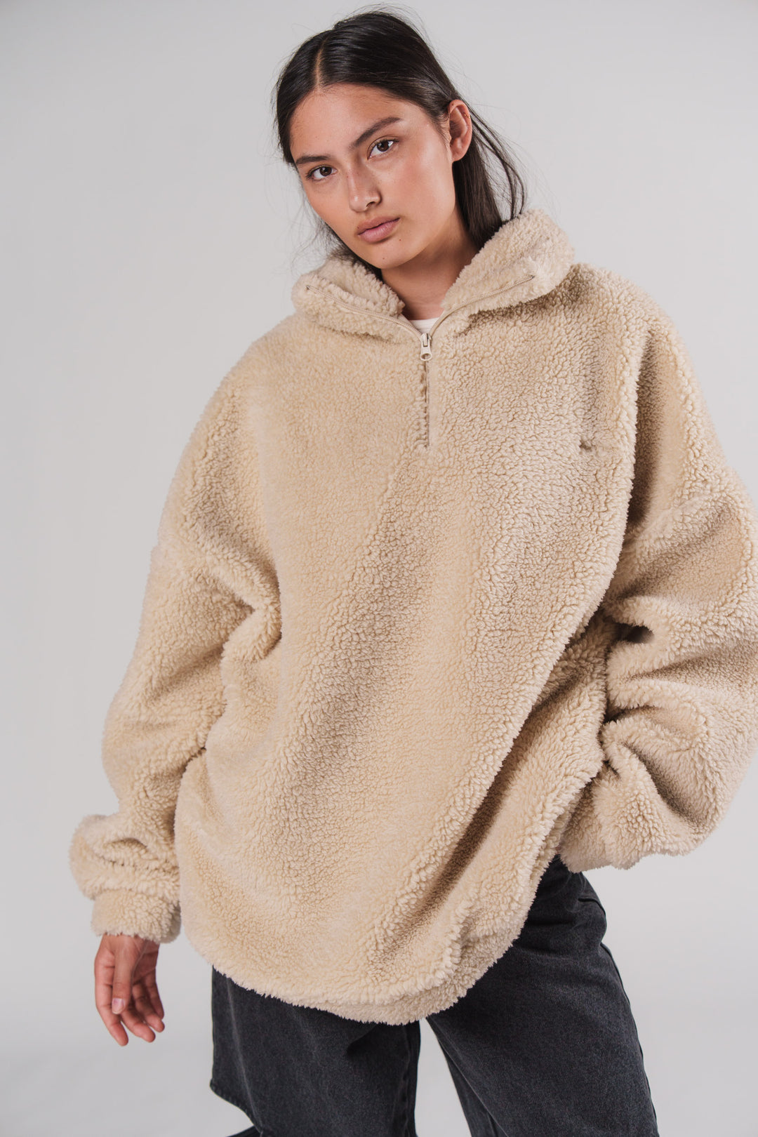 Teddy Half Zip Sweater Kuscheliger Pullover mit Stickerei Karo