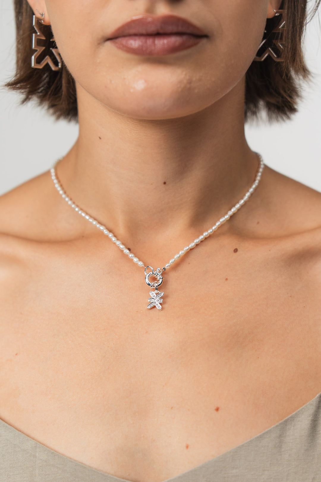 Pearl Necklace Charm Logo Silver