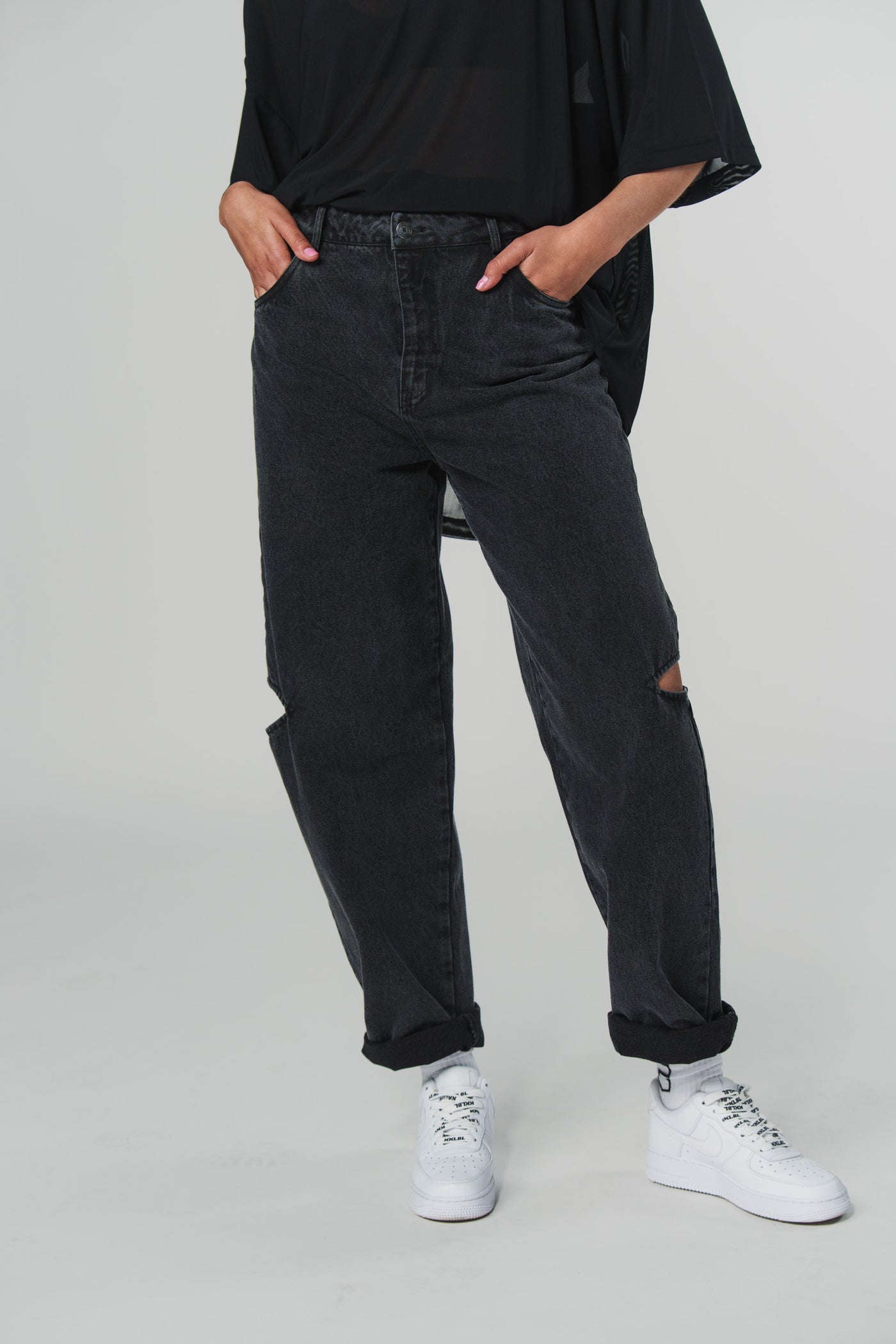 Denim Pants Black Cut Out Petite