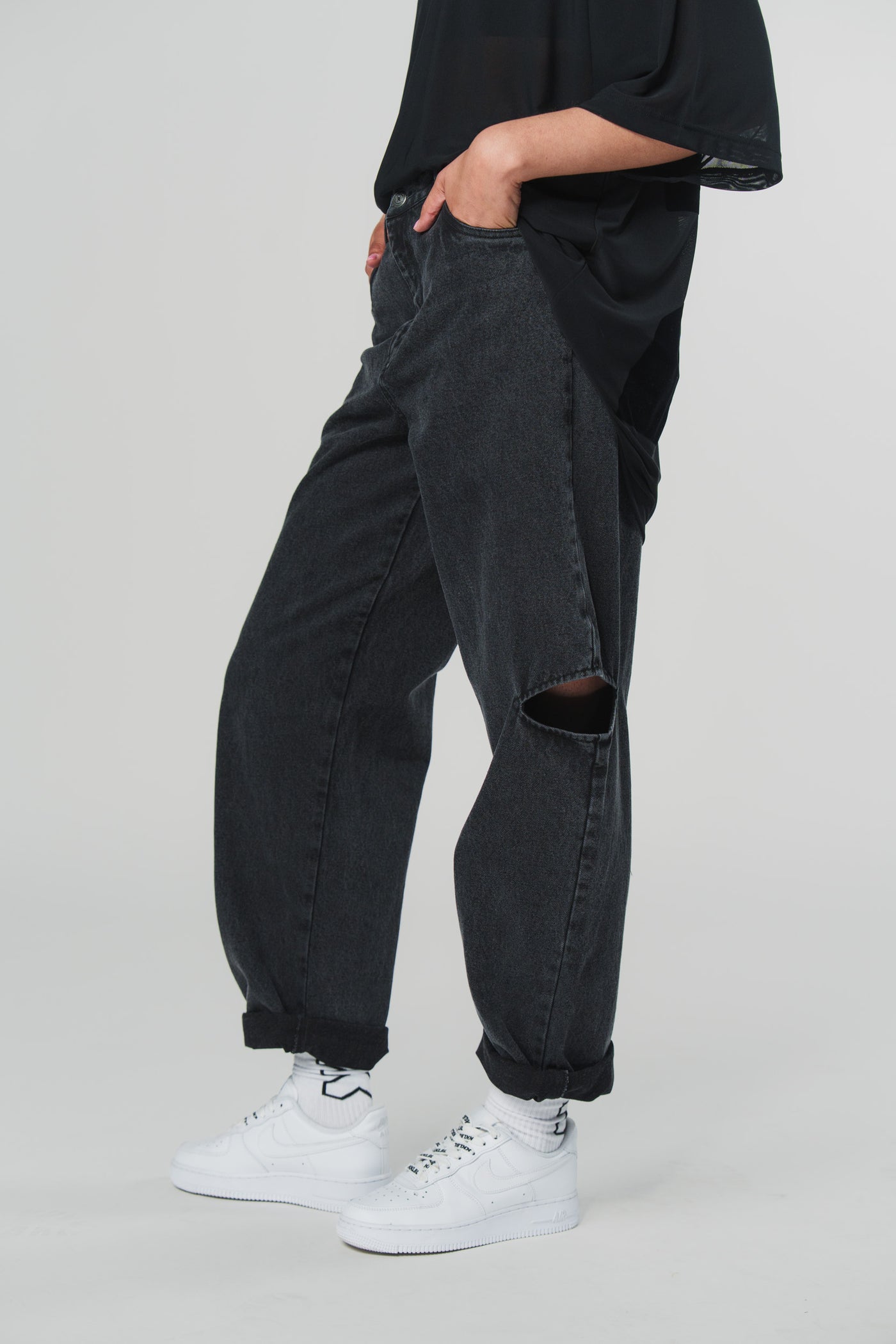 Denim Pants Black Cut Out Petite