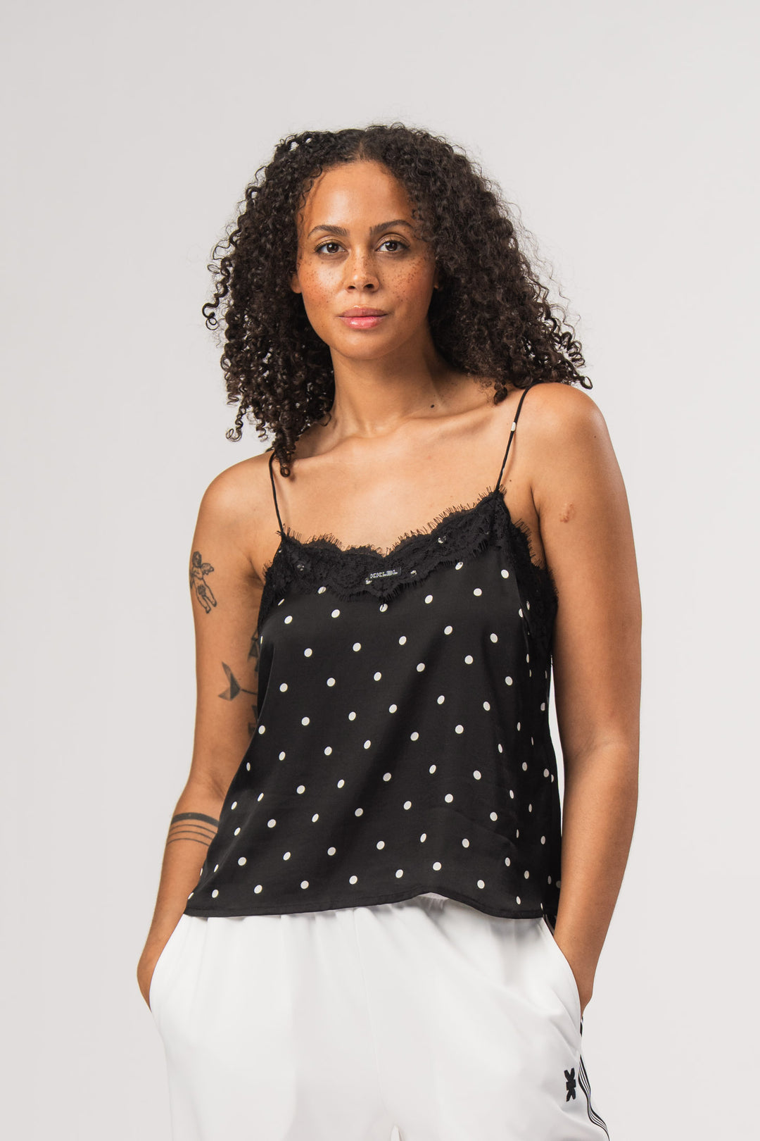 Satin Lace Top Dots Black