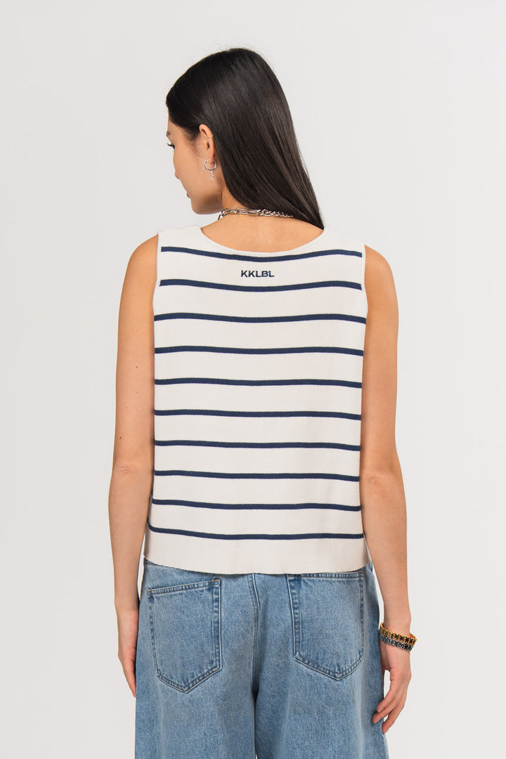 Ein Model, von hinten gezeigt, trägt eine gestrickte Weste mit dunkelblauen Streifen und kleinem gesticktem dunkelblauen „KKLBL“-Schriftzug im Nackenbereich aus der No Hustle Culture Kollektion, kombiniert mit einer blauen Jeans