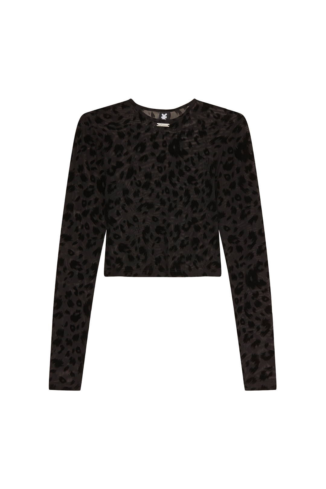 Produktfoto: Schwarzes Mesh Longsleeve Animal Print mit Leopardenmuster, Vorderansicht aus NOW OR NEVER 