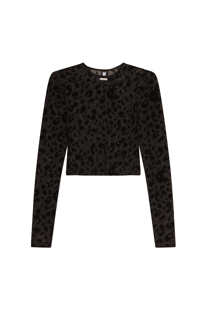Produktfoto: Schwarzes Mesh Longsleeve Animal Print mit Leopardenmuster, Vorderansicht aus NOW OR NEVER 